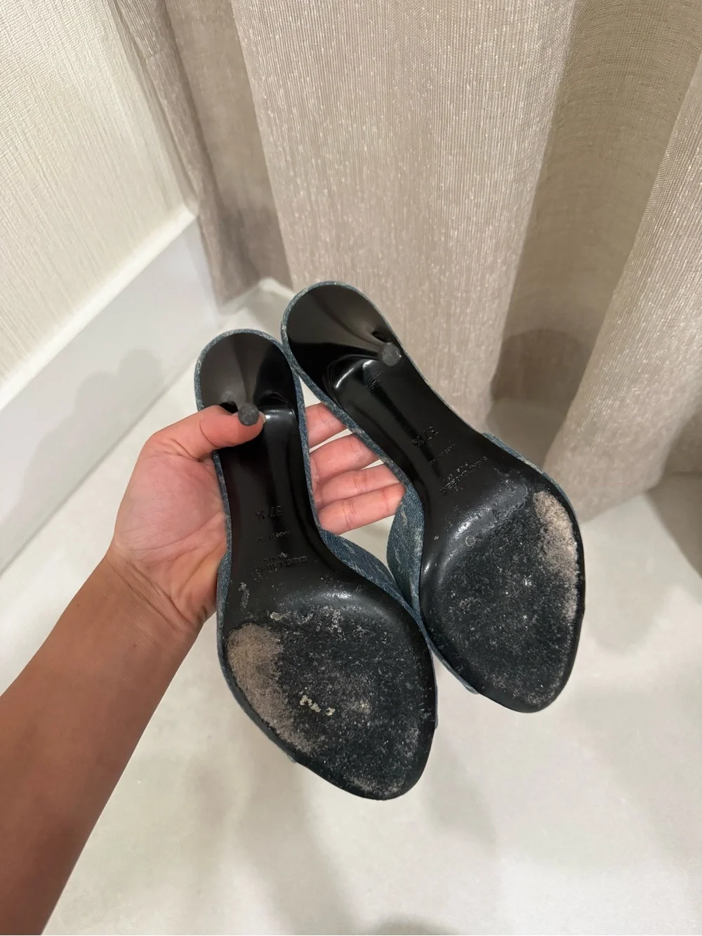 Saint Laurent Denim Open-Toe Mule Heels in Blue LA 16 Cassandre - Picture 7 of 7